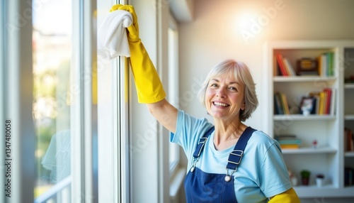 Older woman cleans windows with a cloth while smiling in a bright and airy living room during a sunny day