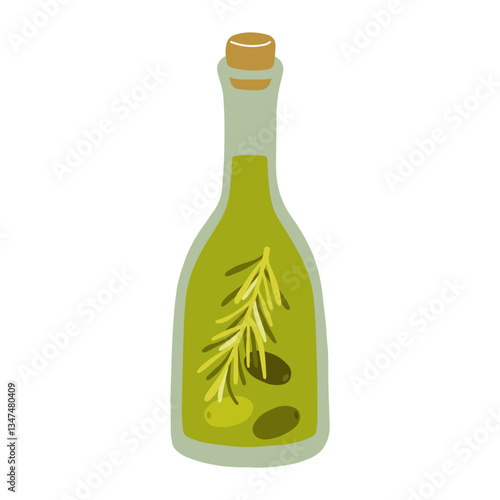 Bottle of olive oil with rosemary and olives. Hand drawn illustration of fresh olive oil isolated on white background.