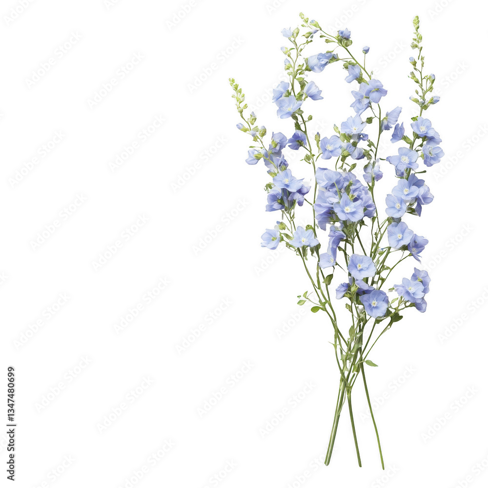 Obraz premium A bouquet of blue flowers is displayed on a white background. The flowers are arranged in a way that they are all facing the same direction, creating a sense of harmony and balance