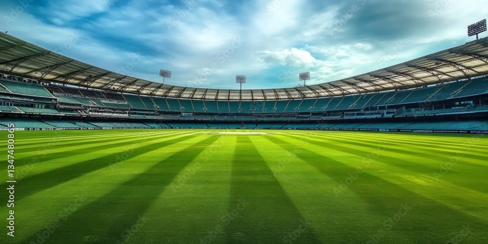 Fototapeta premium An empty cricket stadium showcases its round open stands.