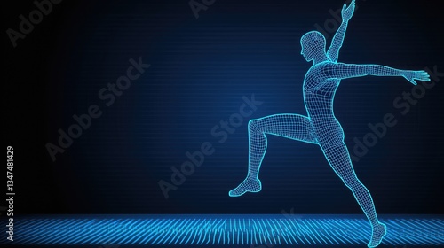 Abstract person in motion, blue wireframe model on blue grid, running in empty space for data analysis