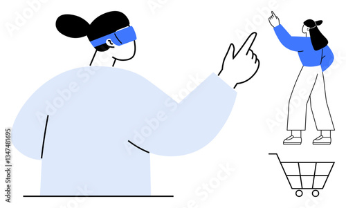 Woman wearing VR headset interacts with digital interface, pointing and exploring. Shopping cart and accompanied figure emphasize themes of retail, technology, and innovation. Ideal for tech