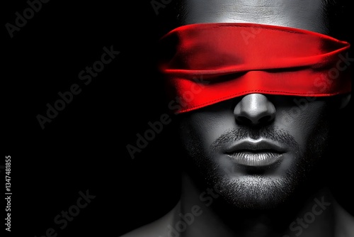 Mysterious blindfolded man in monochrome portrait with a splash of red