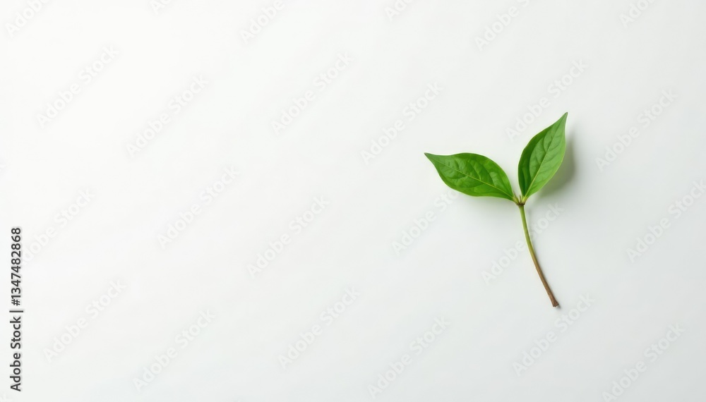 Obraz premium Small stem with a few leaves on white background, small plant, elegant, leaf