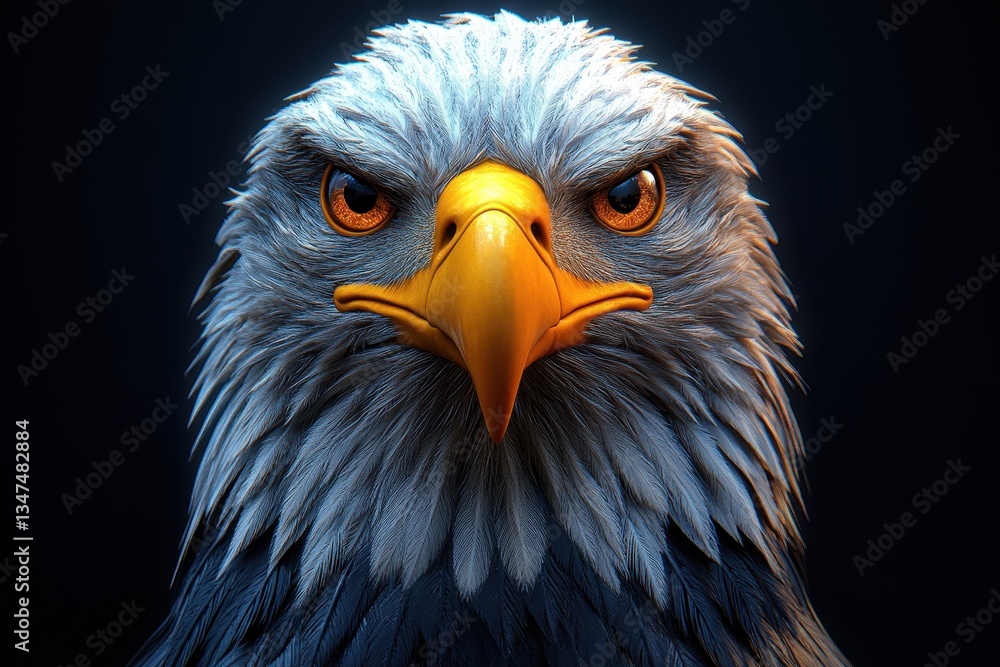 Obraz premium Majestic eagle with intense gaze showcasing intricate feather details and vibrant colors in a dramatic setting