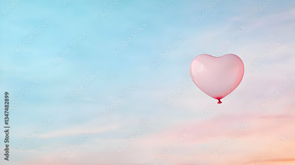 Fototapeta premium Heart Shaped Balloon Floating In Pastel Sky At Sunrise Or Sunset