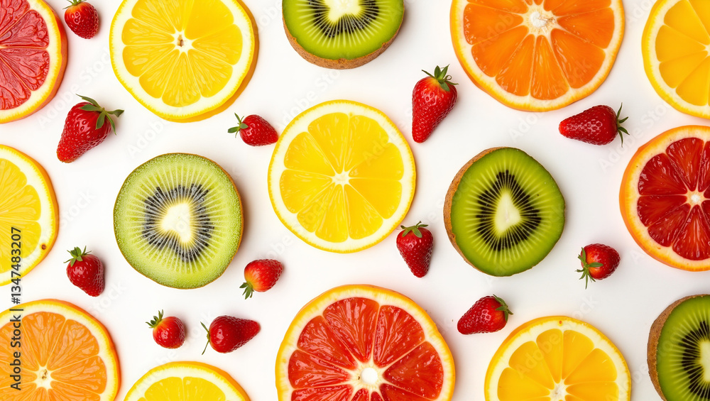 vibrant fruit arrangement with citrus and kiwi on a white background vibrant fruit arrangement with citrus and kiwi on a white background