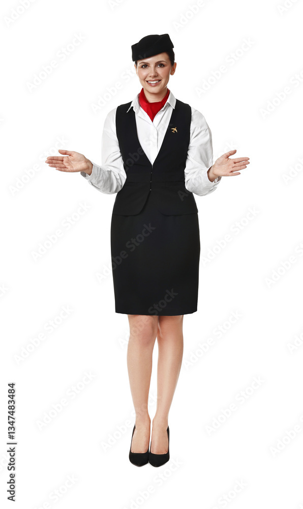 Smiling flight attendant demonstrating safety instruction on white background Smiling flight attendant demonstrating safety instruction on white background