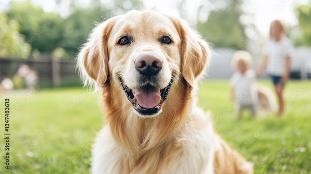 Obraz premium National Pet Day, Happy Golden Retriever Dog in Backyard with Children Playing in Background