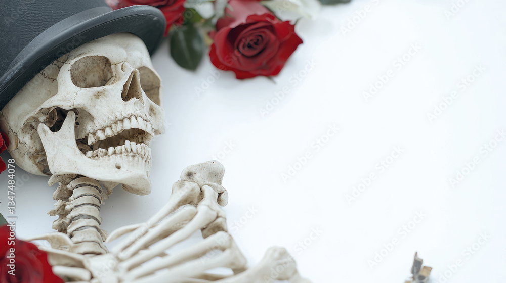 Naklejka premium skeleton wearing top hat is surrounded by red roses, creating striking contrast. scene evokes blend of elegance and macabre charm