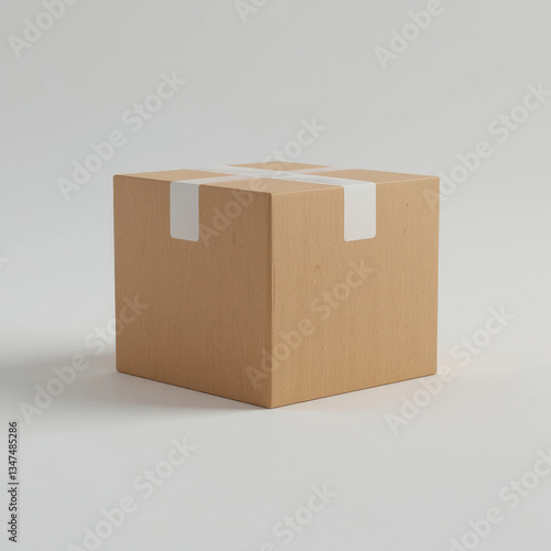 Closed Cardboard Box with White Tape on White Background for Shipping