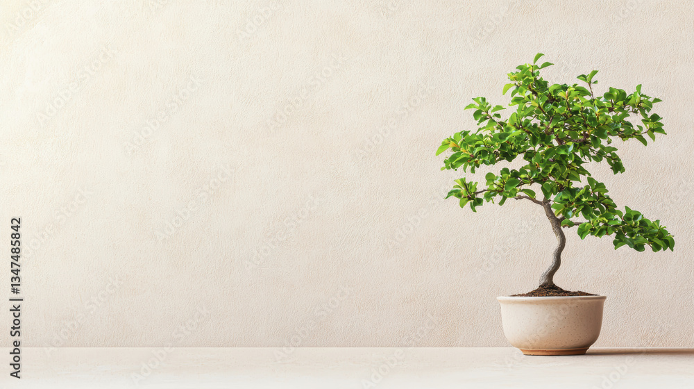 small bonsai tree simple pot, showcasing its intricate branches and vibrant green leaves against neutral background, evokes tranquility and small bonsai tree simple pot, showcasing its intricate branches and vibrant green leaves against neutral background, evokes tranquility and