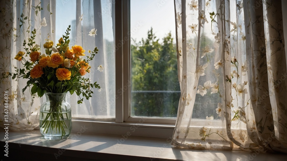Fototapeta premium beautiful bouquet of yellow roses in a glass vase on a windowsill with sheer curtains