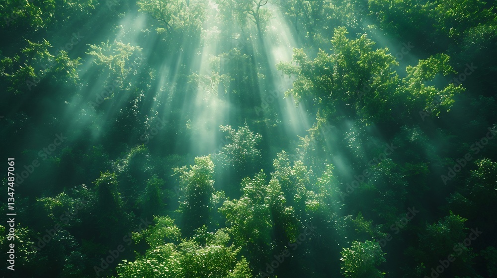 Obraz premium Vibrant green forest sunlight streaming through the trees open area for text overlay