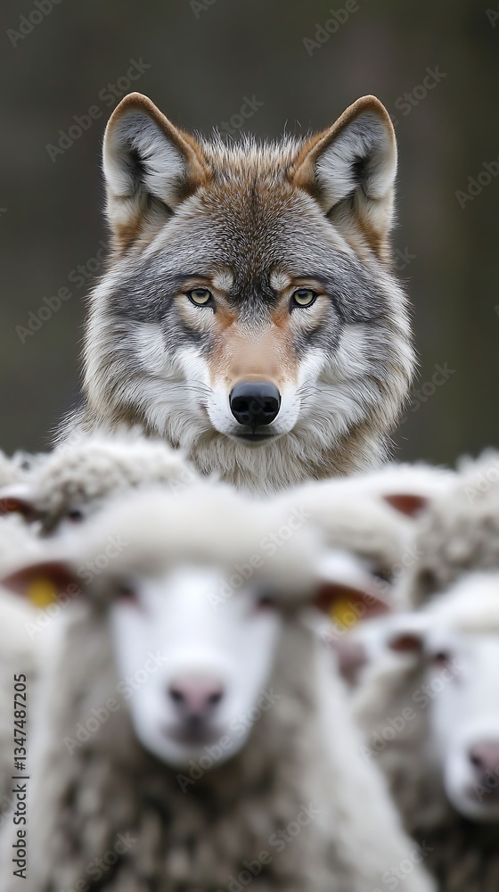 Fototapeta premium Wild Wolf Facing Flock of Sheep.