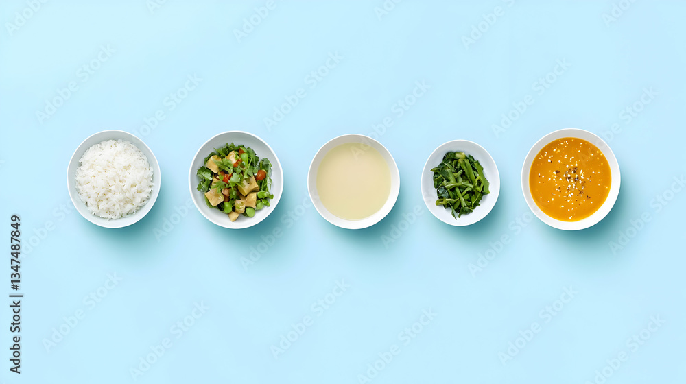 Assortment Of Asian Dishes On A Pale Blue Background Assortment Of Asian Dishes On A Pale Blue Background