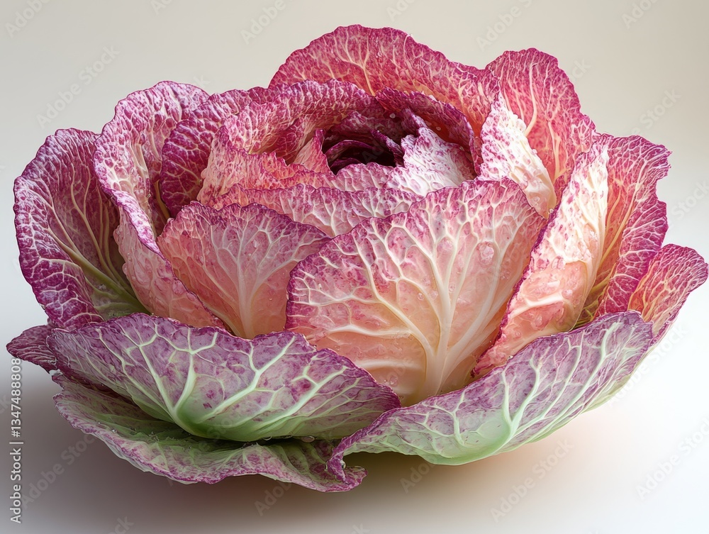 Obraz premium Captivating Crimson: A Detailed Macro Shot of Ornamental Cabbage with Delicate Water Droplets, Showcasing Nature's Intricate Textures and Vibrant Colors