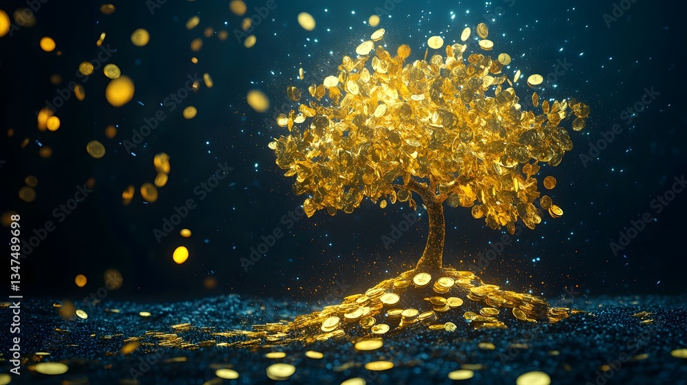 Fototapeta premium golden tree with coins, representing wealth and prosperity. The tree's leaves and the ground are adorned with coins, symbolizing financial growth and abundance