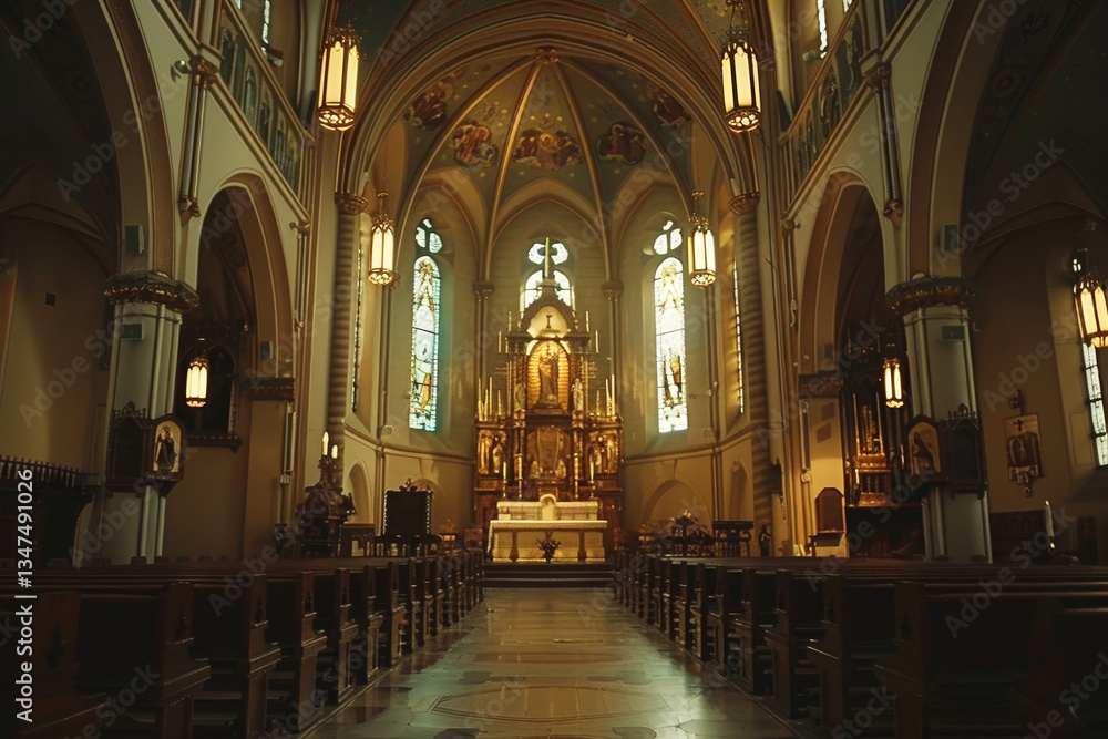 Fototapeta premium Soft light filters through stained glass windows, illuminating the beautiful altar and intricate details of the church interior
