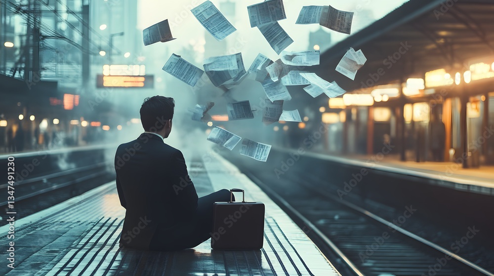 a man sitting on a platform with floating documents a man sitting on a platform with floating documents