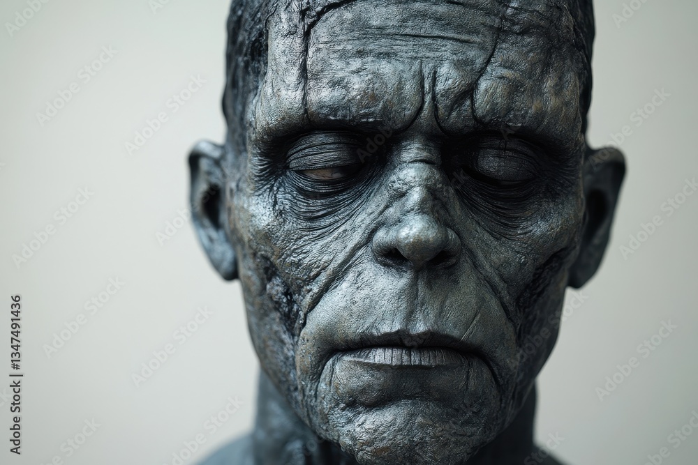 Detailed close-up of an intricately designed zombie prop featured at a Halloween horror exhibit in a urban art gallery Detailed close-up of an intricately designed zombie prop featured at a Halloween horror exhibit in a urban art gallery