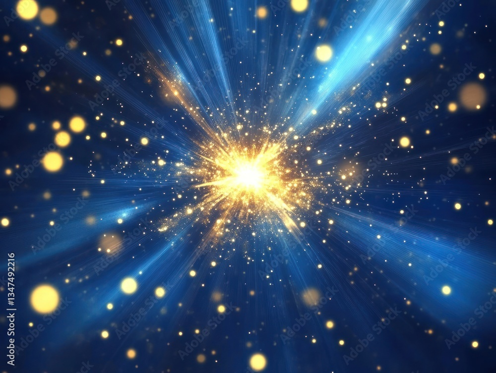Fototapeta premium Golden Celestial Burst Sparkling Blue Background Rays Dust