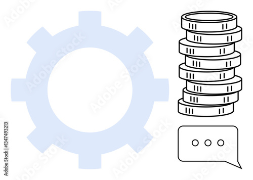 Gear symbol, stack of coins, and chat bubble combine to suggest financial management, teamwork, and communication. Ideal for business operations, finance, collaboration, technology innovation