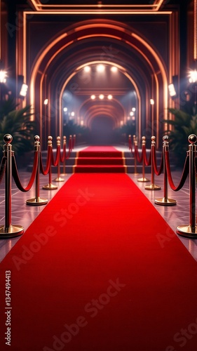 Long red carpet stretches down a hallway, illuminated by spotlights and lined with velvet ropes, creating a glamorous and exclusive atmosphere