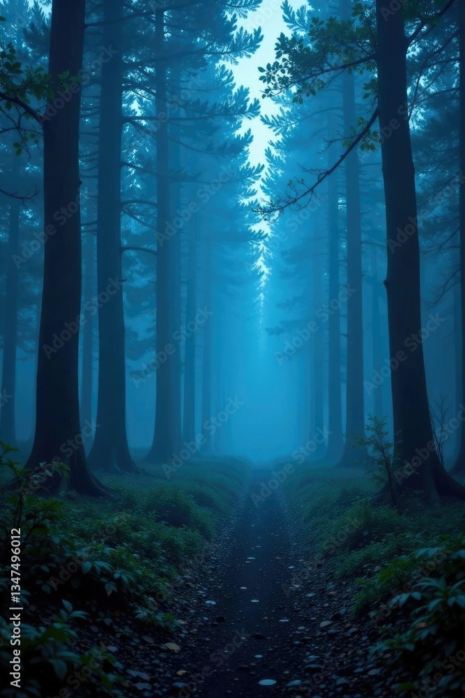 Fototapeta premium Ethereal blue streaks illuminate a foggy forest floor, eerie ambiance,