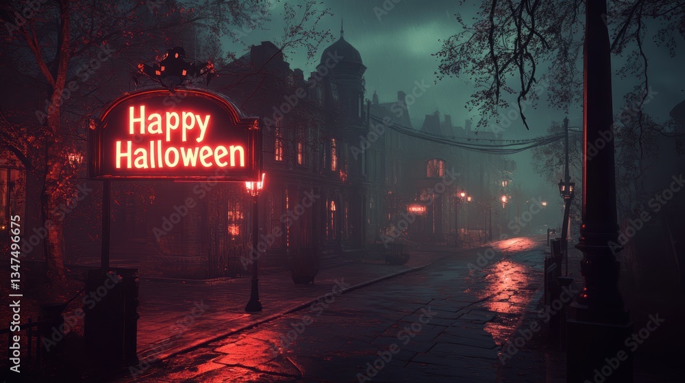 Obraz premium Halloween street scene with glowing sign at night