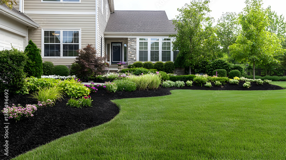 Fototapeta premium Exterior View Of A House With A Well Manicured Lawn And Garden Featuring Green Grass And Various Plants