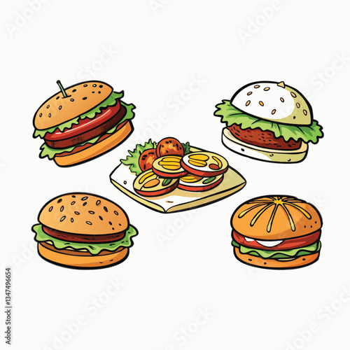 set of fast food doodle elements.Tasty burger with cheese and bacon. Junk food. Burger, hot dog, burrito, sandwich, pizza. Isolated on a white background.
