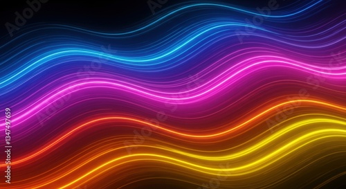 Flowing neon waves in vibrant pink, blue, and orange hues against a dark backdrop, creating a sense of movement.
