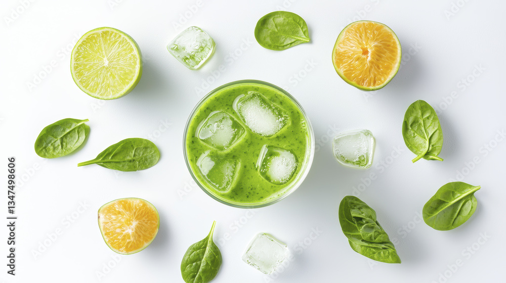 Fresh green juice with ice, surrounded by lime, orange, and spinach leaves, evokes refreshing and healthy vibe Fresh green juice with ice, surrounded by lime, orange, and spinach leaves, evokes refreshing and healthy vibe