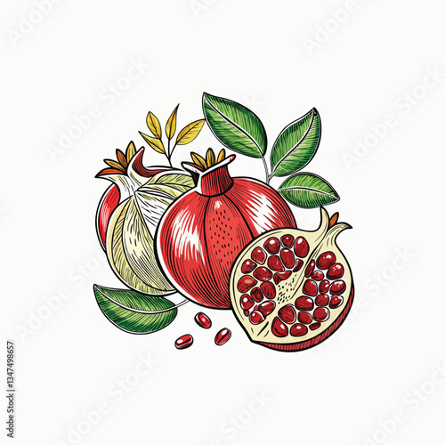 Hand drawn pomegranate design. Delicious fruit. Hand drawn sketch. Vintage style. minimalist head logo, Icon, element. Vector illustration