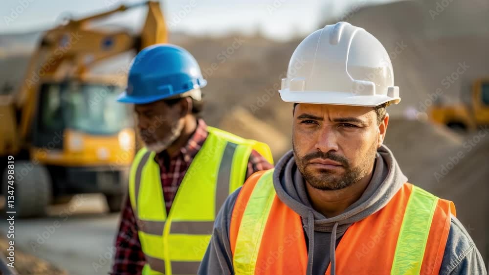 Two construction workers, wearing safety vests and hard hats, stand at a building site, observing ongoing work against a backdrop of construction vehicles and mounds of earth Two construction workers, wearing safety vests and hard hats, stand at a building site, observing ongoing work against a backdrop of construction vehicles and mounds of earth