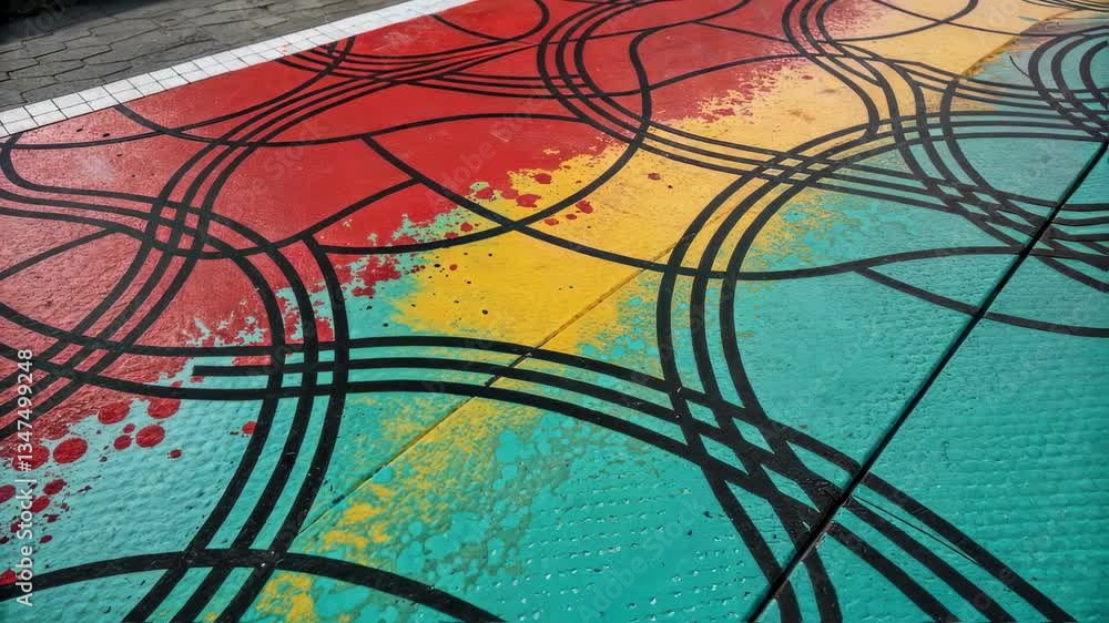 Vibrant colors and dynamic lines create a visually appealing pattern on a pedestrian crossing, blending artistic expression with urban infrastructure Vibrant colors and dynamic lines create a visually appealing pattern on a pedestrian crossing, blending artistic expression with urban infrastructure
