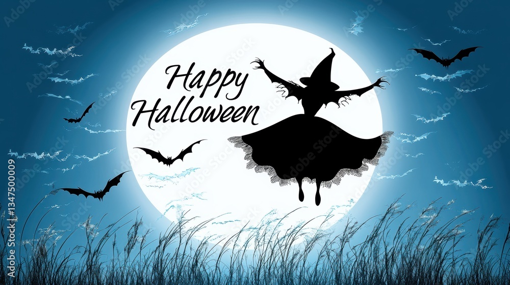 Fototapeta premium Witch silhouette celebrating Halloween against a full moon