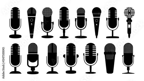 Collection of Microphone Icons, Black and White Designs for Audio, Podcast, and Recording