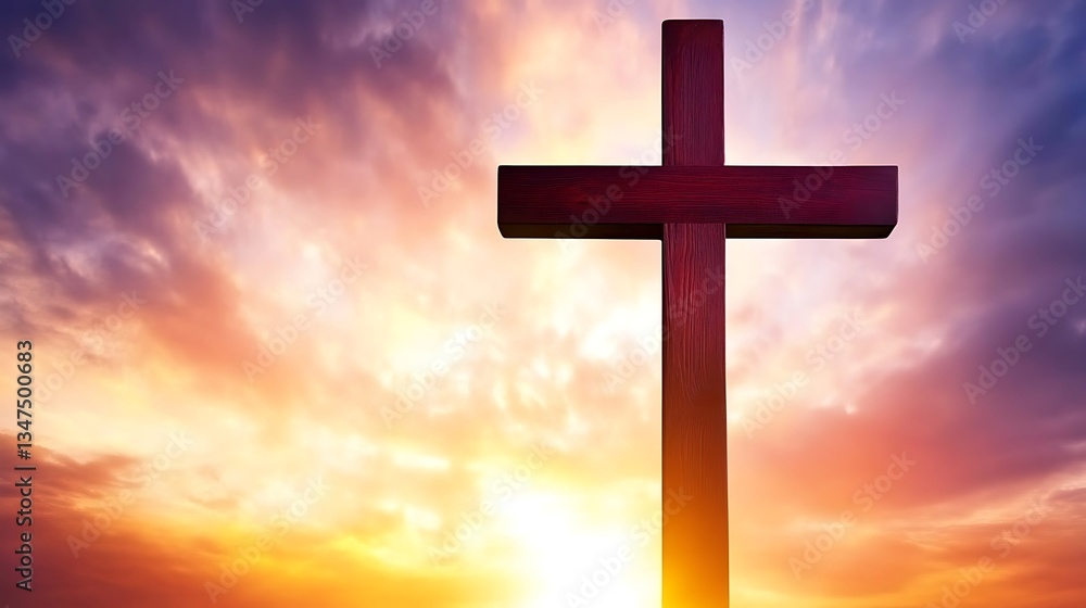 Wooden cross against sunset sky symbolizing faith Wooden cross against sunset sky symbolizing faith