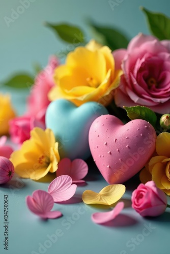 Small heart ornaments amidst a burst of colorful flowers and delicate petals, colorful, ornaments, spring