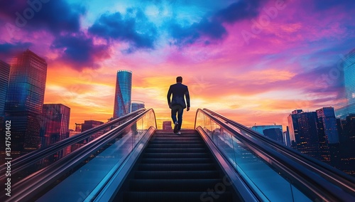 Businessman climbing an escalator towards success,