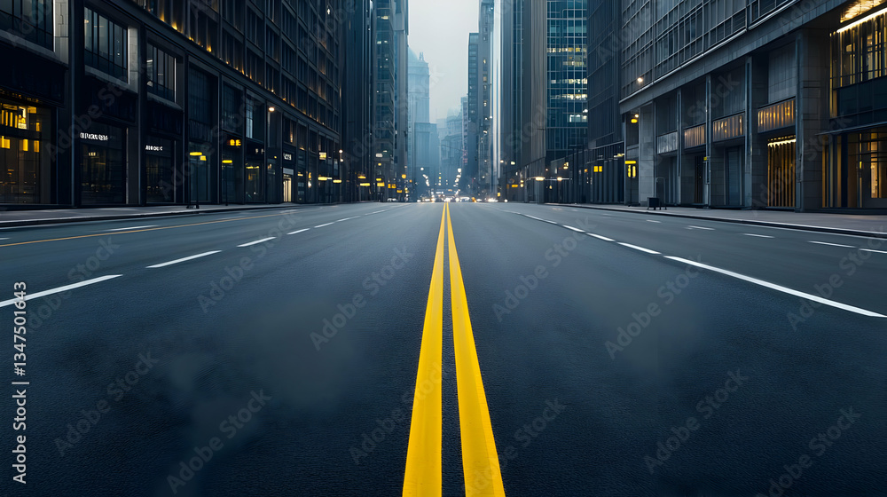 Fototapeta premium Empty City Street At Dusk With Tall Buildings