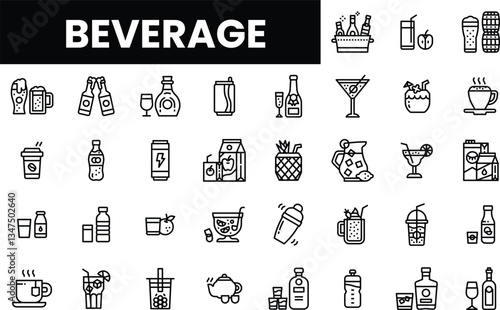 A diverse collection of beverage icons in black and white, showcasing various drinks.