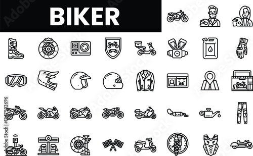 Illustrated icons representing biker culture and motorcycle gear.
