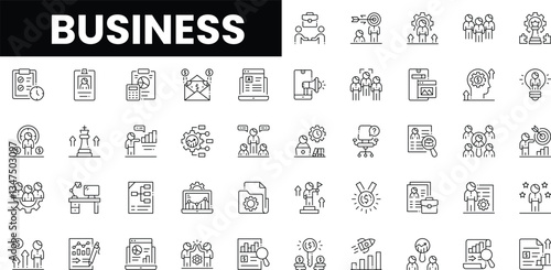 A diverse collection of monochrome business-related vector icons representing various concepts.