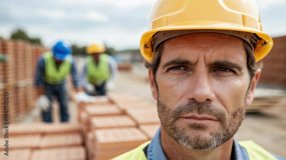 Construction site supervisor wearing a yellow hard hat looking seriously at the camera while, in the background, out of focus, two workers carry bricks Construction site supervisor wearing a yellow hard hat looking seriously at the camera while, in the background, out of focus, two workers carry bricks