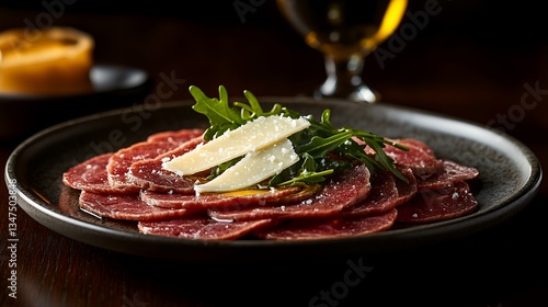 top view of beef carpaccio served with herb leaves and oil