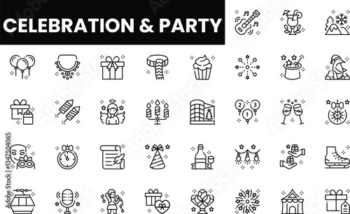A collection of festive celebration and party icons in a minimalist style.