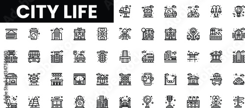A collection of minimalist black and white city life icons representing urban activities.